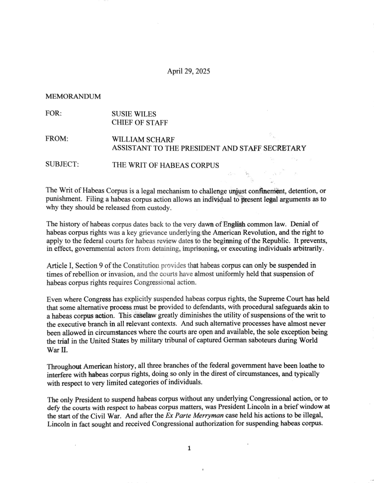 Read Will Scharf's Confidential Habeas Corpus Memo