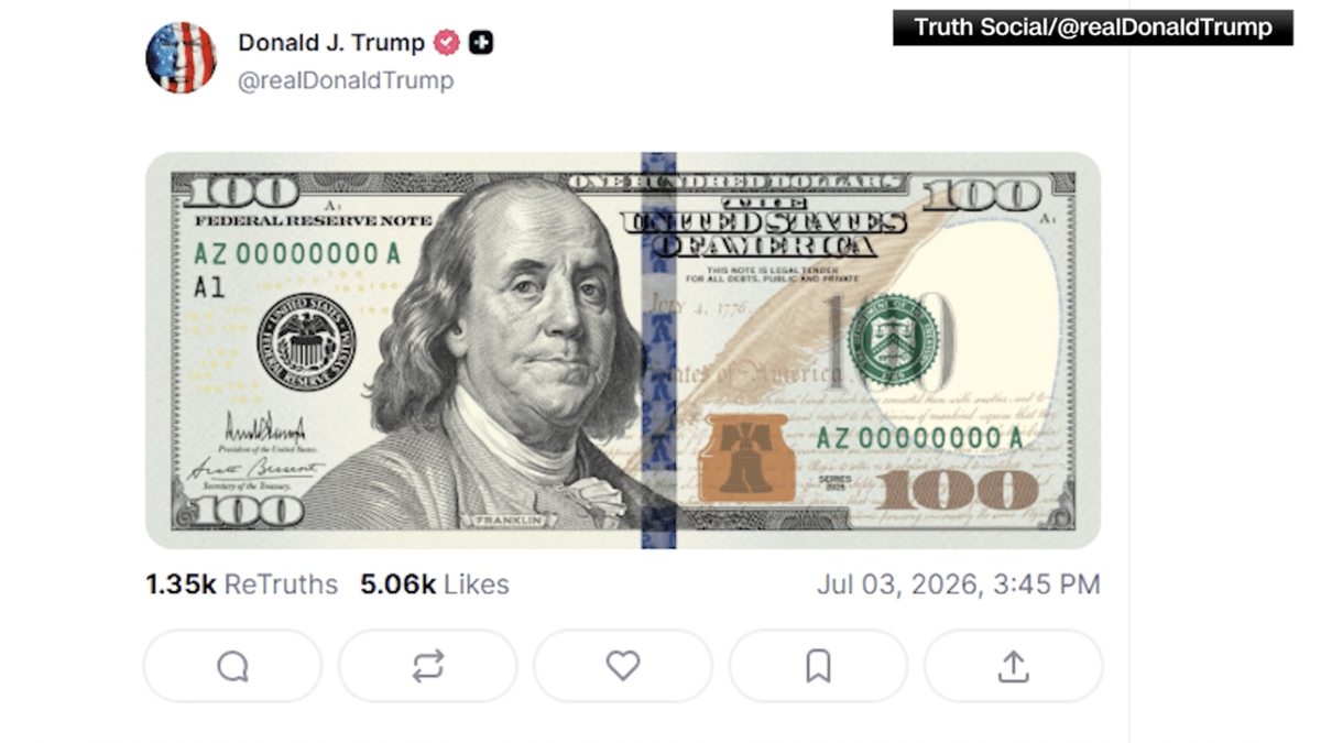 Trump Posts Image of $100 Bill Bearing His Signature
